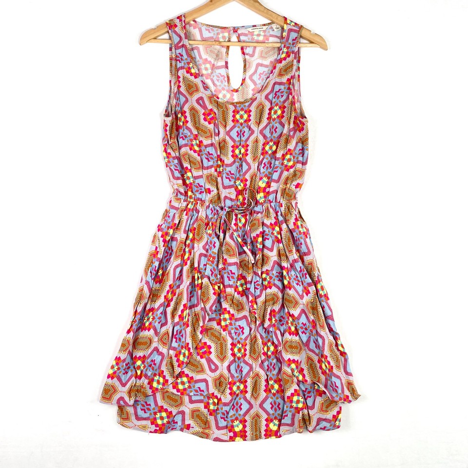 Country Road A-Line Mini Dress Size 6 Geometric Sleeveless Tie Waist Scoop Neck