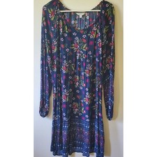 TIME And TRU Black Blue Flower Print Knee Length Swing Dress L Size 12-14