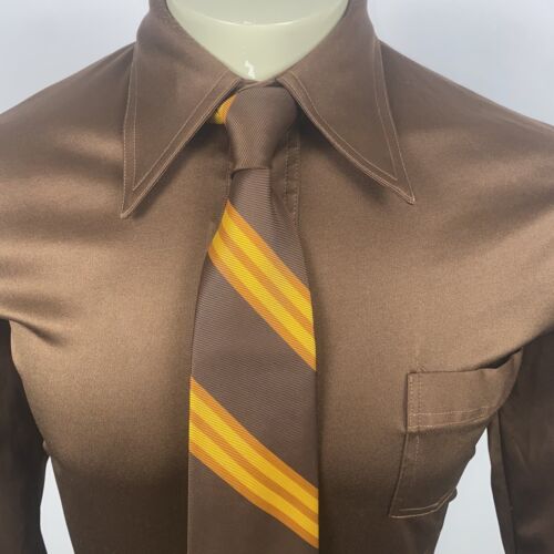 Vintage 60s 70s Necktie Tie Mens Polyester Striped Madmen Skinny Narrow Brown - Afbeelding 1 van 10