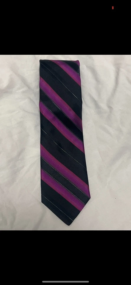 Murano 男式丝绸领带黑色/紫红色条纹美国制造 — 第 2/3 张图片