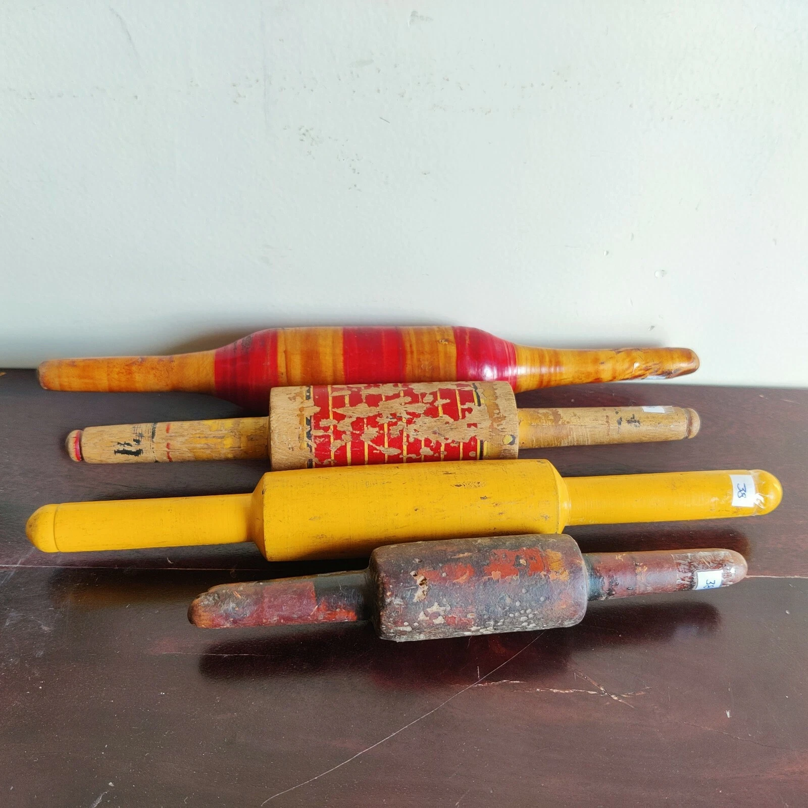 Vintage Primitive Handmade Lacquered Bread Bakers Wooden Rolling Pin 38 Lot Of 4