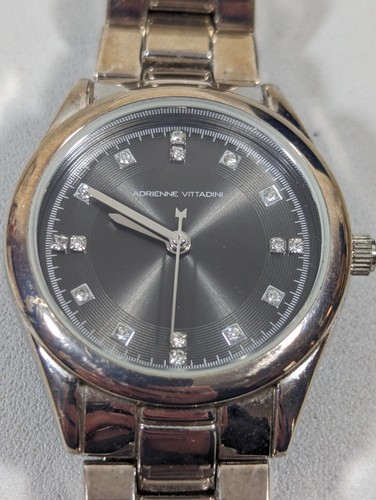 Adrienne Vittadini Gray Crystal Accent Round Silver Tone Case Stainless Watch