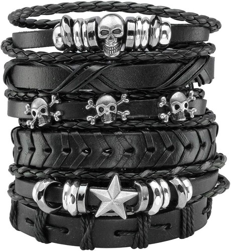 6Pcs Braided Leather Bracelet for Men Women Punk Rock Skull Bracelets Adjustable