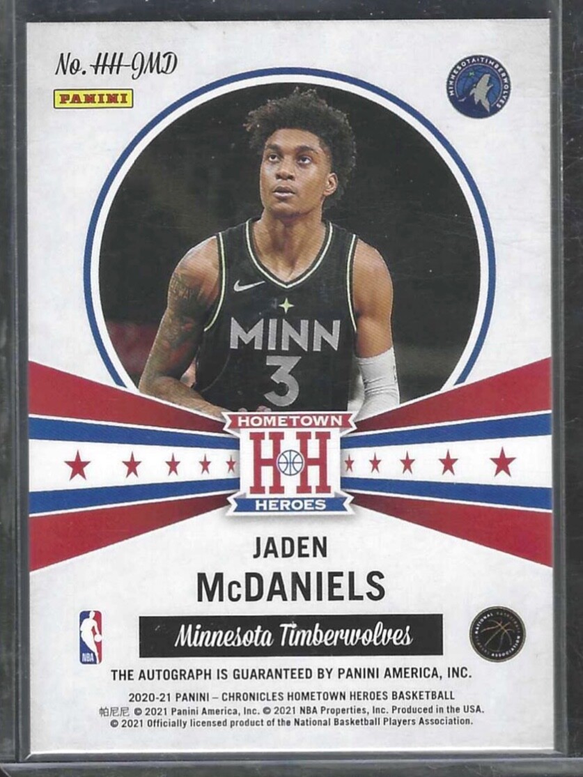 JADEN MCDANIELS 2020-21 PANINI CHRONICLES HOMETOWN HEROES RED AUTO