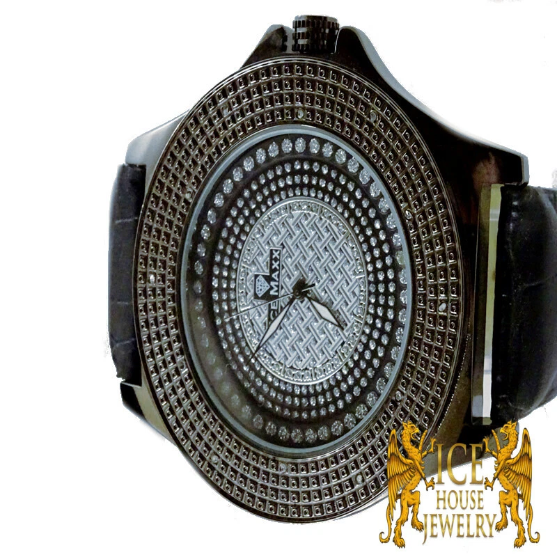New Men Genuine Real Diamond 0.12 CTW Full Illusion Ice Maxx Leather Wrist Watch