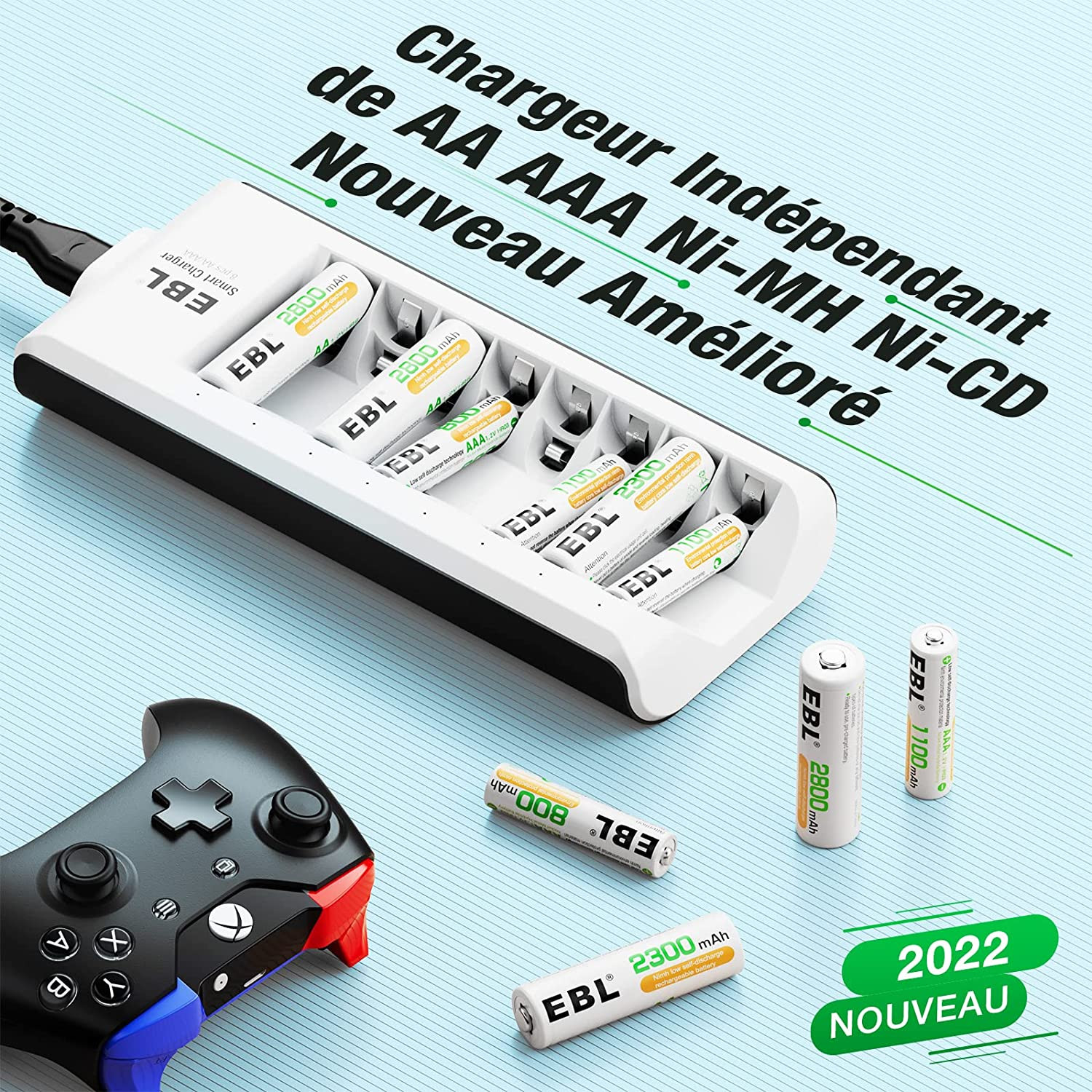 Chargeur de piles rechargeable AA AAA avec station de charge 8 slots - 4
