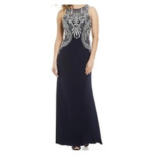 Cachet Navy Blue Rhinestone Bling Regencycore Long Formal Dress Gown Prom sz 4