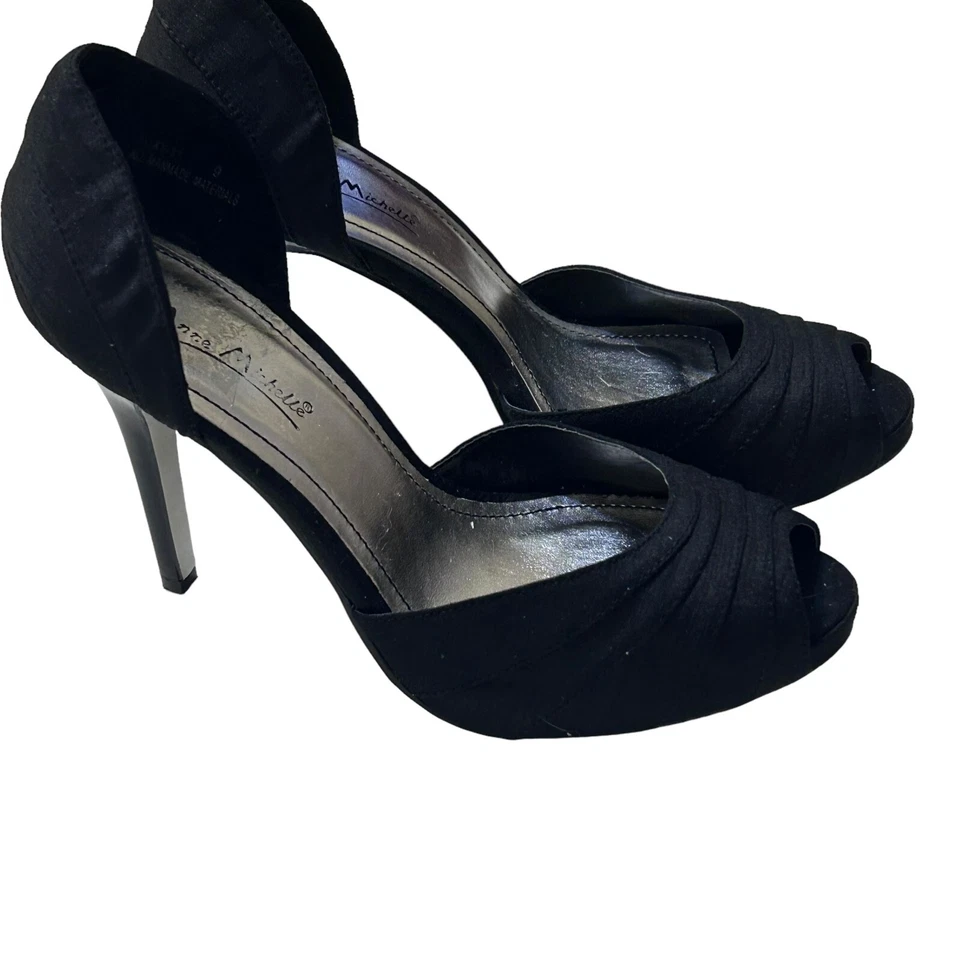 Bombas femininas Anne Michelle salto alto 9 tecido preto peep toe festa formal - Imagem 2 de 4