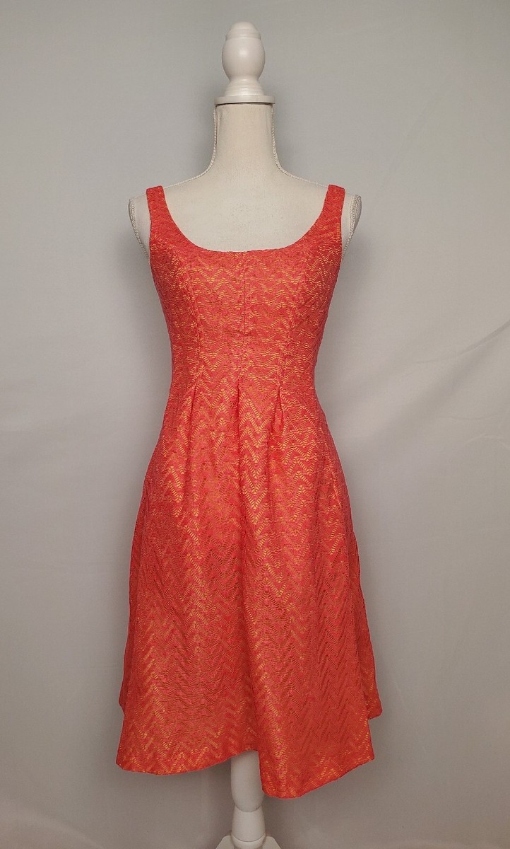 nine west crochet dress Nine West Orange Crochet Fit And Flare Dress Yellow Lining Zip Back Women's  2