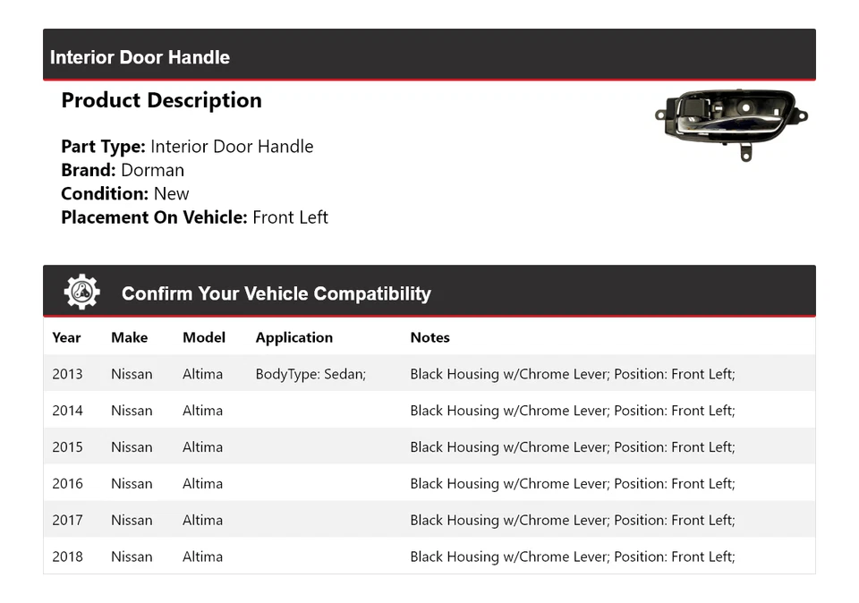 For 2013-2018 Nissan Altima Dorman Interior Door Handle Front Left 2014 2015 - Imagem 2 de 4