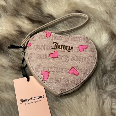 NWT Juicy Couture Addicted Love Heart Zip Wristlet - Cafe With Pink Hearts