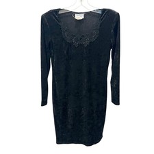 Vintage Bedford Fair 90s Black Crushed Velvet Beaded Mini Dress Whimsigoth Sz 4P