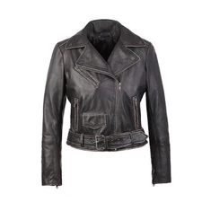  Women's Distressed Brown Short Style Cropped Biker Lambskin Leather Jacket