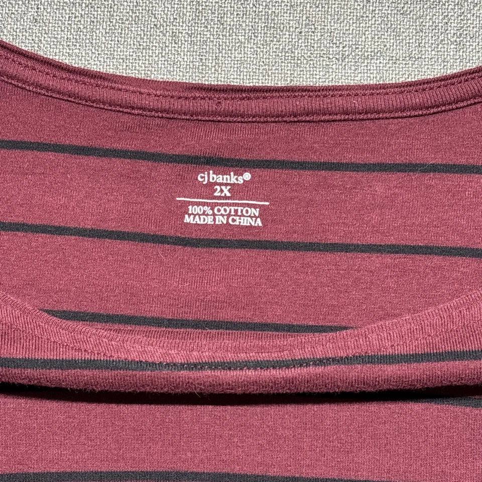 Damas Mujeres Plus 2X CJ Banks Manga Larga Granate Rayas Tejido Algodón Camisa Top Foto 2 de 4