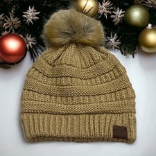 C C Camel Colored Faux Fur Knit Pom Pom Beanie