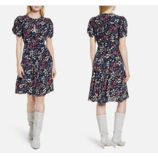 Lewit Womens 100% Silk Floral Puff Sleeve Keyhole Midi Dress Navy Blue Pink 16