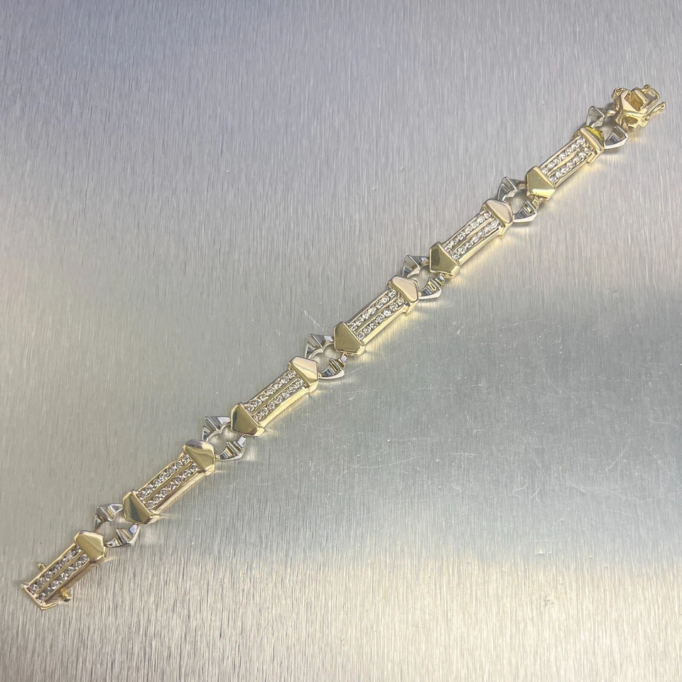 Brazalete de eslabones de barra de diamantes de oro blanco y amarillo de 14 k 2,00 ctw 7,00" 44,3 g Foto 3 de 4