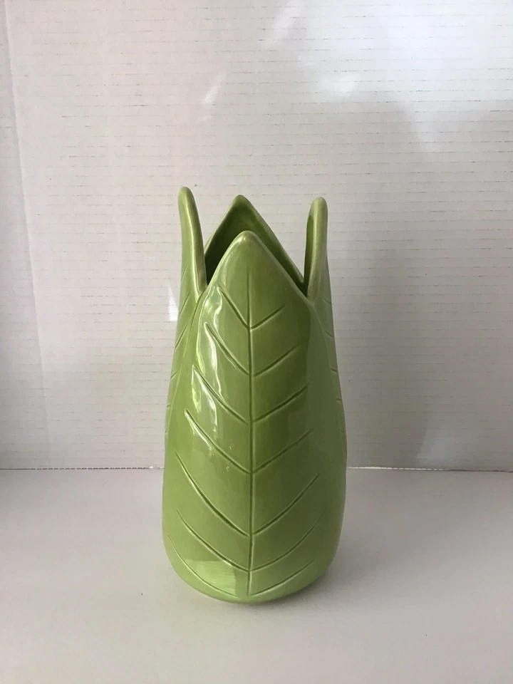 "Florero Pottery Barn verde hoja de plátano selva tropical cerámica 9""" Foto 4 de 4