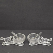 Lindshammar Fåglavik Glasbruk Sweden 2 Crystal Salt Cellars w Birds & Spoons NEW