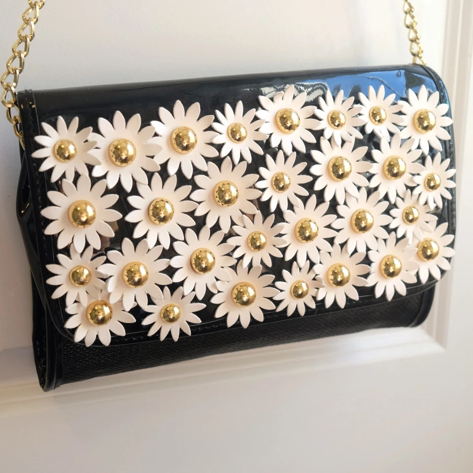 Lulu Guinness 3D Daisy Crossbody Purse Black with White Flowers Gold Metal Chain - Image 2 of 4