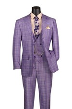 Vinci Men's Regular Fit Glen Plaid 2-Button 3-Piece Suit Purple