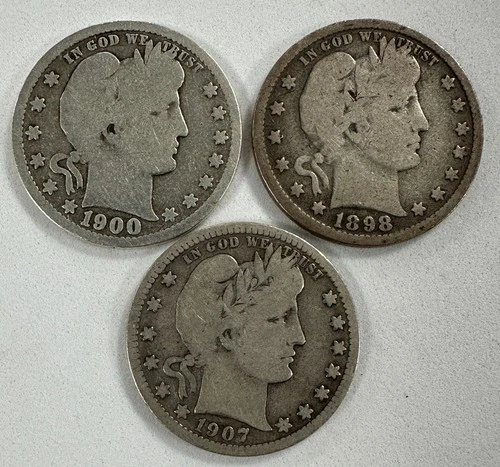 U.S. 1898, 1900, 1907-S Barber Silver Quarters - Group of 3