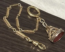 VINTAGE 18K Gold Fill Carnelian Carved Intaglio Fob 12K GF AC Watch Chain 8.5”