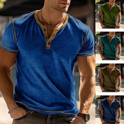 Mode Herren T-Shirt Kurzarm Hemd mit Knopfleiste   Henley Bluse Tops