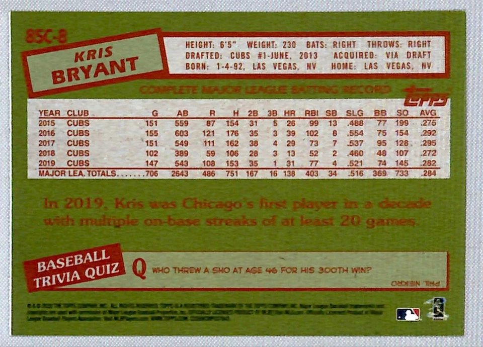 Kris Bryant 2020 Topps '85 Chrome Silver Pack #85C-8 Chicago Cubs - Image 2 of 2
