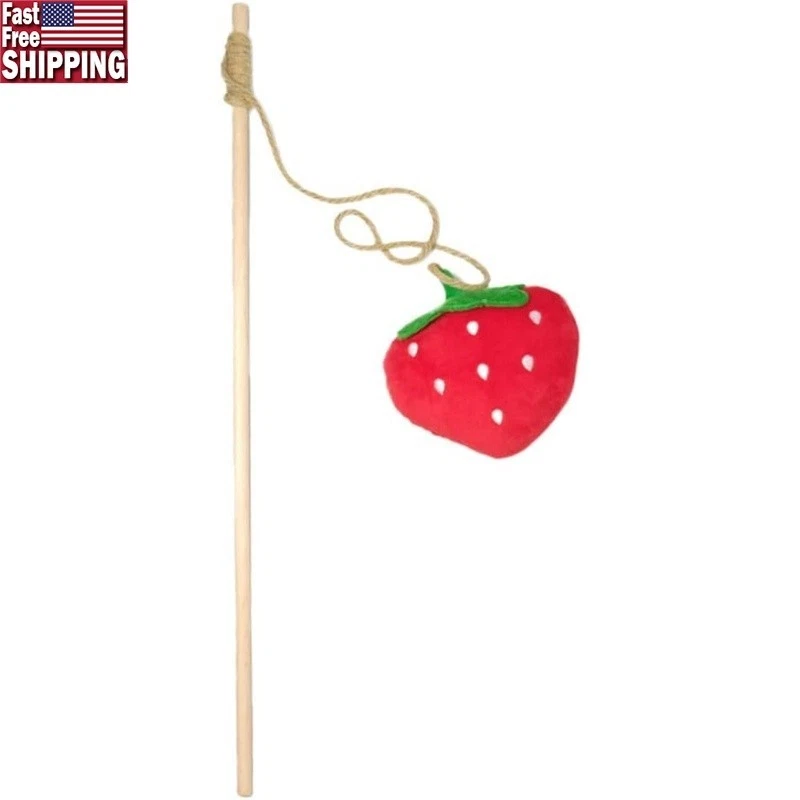 Wooden Cat Toy Stick W/ Plush Strawberry Healthy Interactive Play & Exercise New