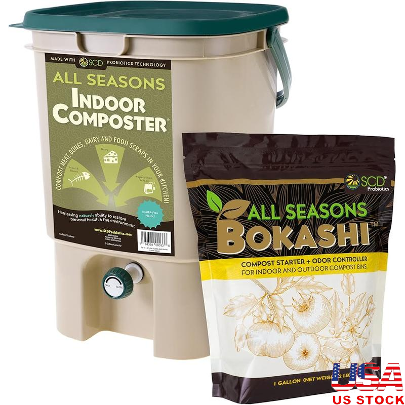 Indoor Composter Kit 5 Gallon Countertop Bin W/ Bokashi Bran Odor Control New