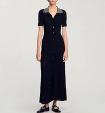 NEW Sandro Collared Pearl Short Sleeve Shirt Midi Dress
