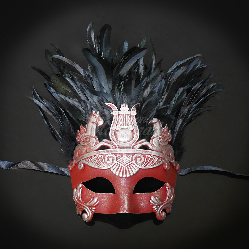 Mens Greek Masquerade Mask Silver Red Roman Warrior Mask with