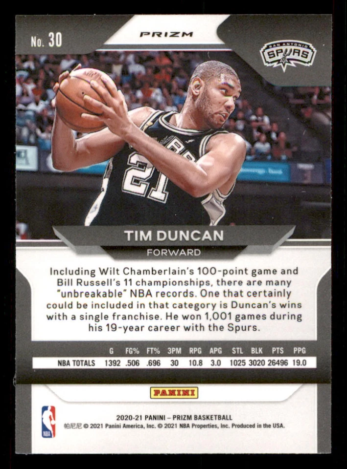 2020-21 Panini Prizm Prizms Green #30 Tim Duncan - Image 2 of 2