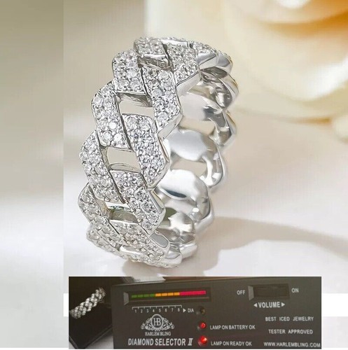 8mm MOISSANITE Iced Prong Cuban Link Ring Wedding Hip Hop Band Real 925 Silver