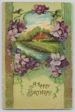 Postcard Happy Birthday Greeting Purple Flowers Embossed Divided Back c1908