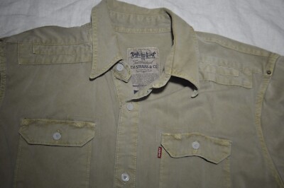 Levi s Khaki Wester Button Down Shirt Large Thick Heavy Elbow Patches