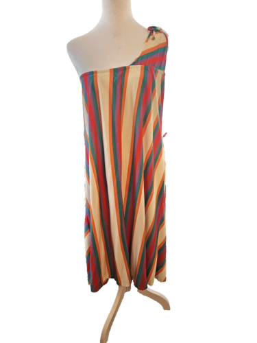 Vintage Dutchess 60 70s Terrycloth One Shoulder Striped Mid Length Beach Dress