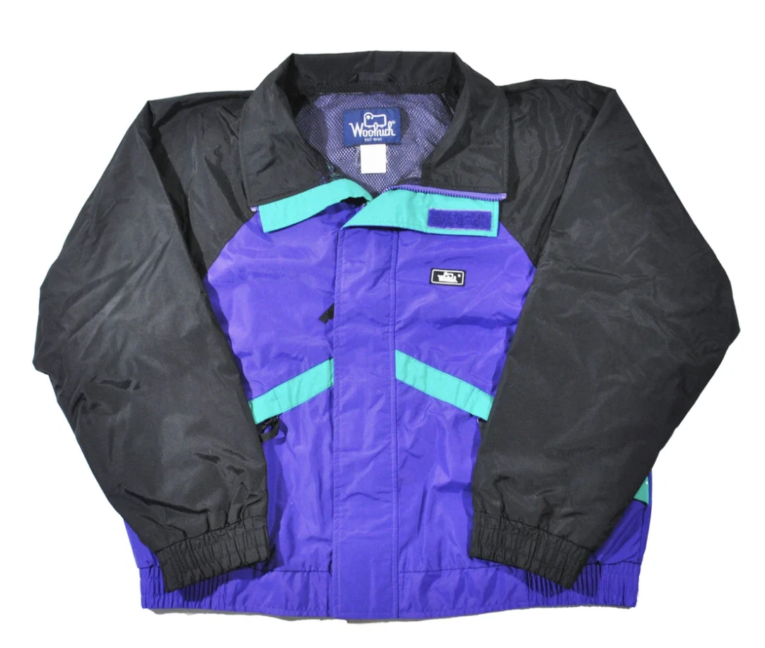 Vintage Woolrich 90s Wind Rain Winter Black Purple Hood Zip Jacket Size Large