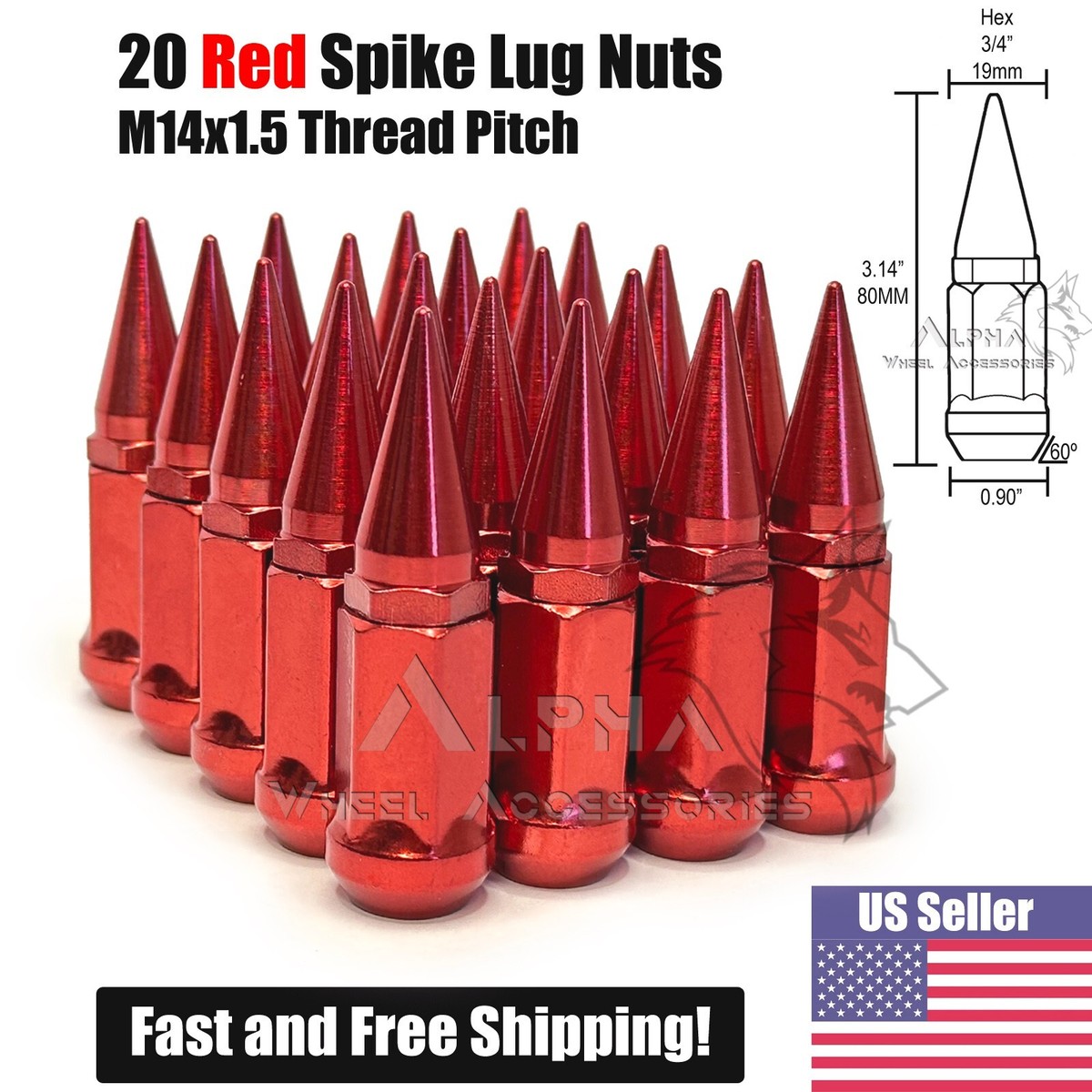 20 Red Spike Lug Nuts 14x1.5 For 2008 & Up Dodge Charger Scat Pack