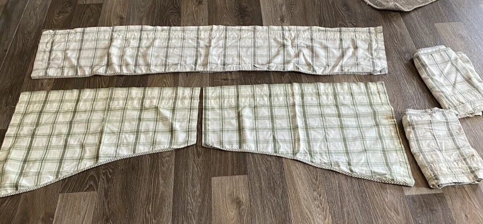 "5 cenefas de ventana Waverly a cuadros blanco verde varilla bolsillo 13 X 28"" 13 X 59"" algodón" Foto 2 de 4