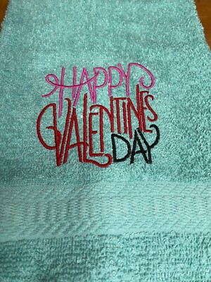 Embroidered Aqua Bathroom Hand Towel HAPPY VALENTINES DAY w Heart HS2262