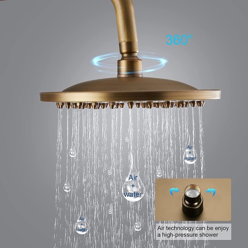 Antique Brass 8" Round Rain Shower Head Combo Exposed Shower Faucet Set System - Picture 4 of 10