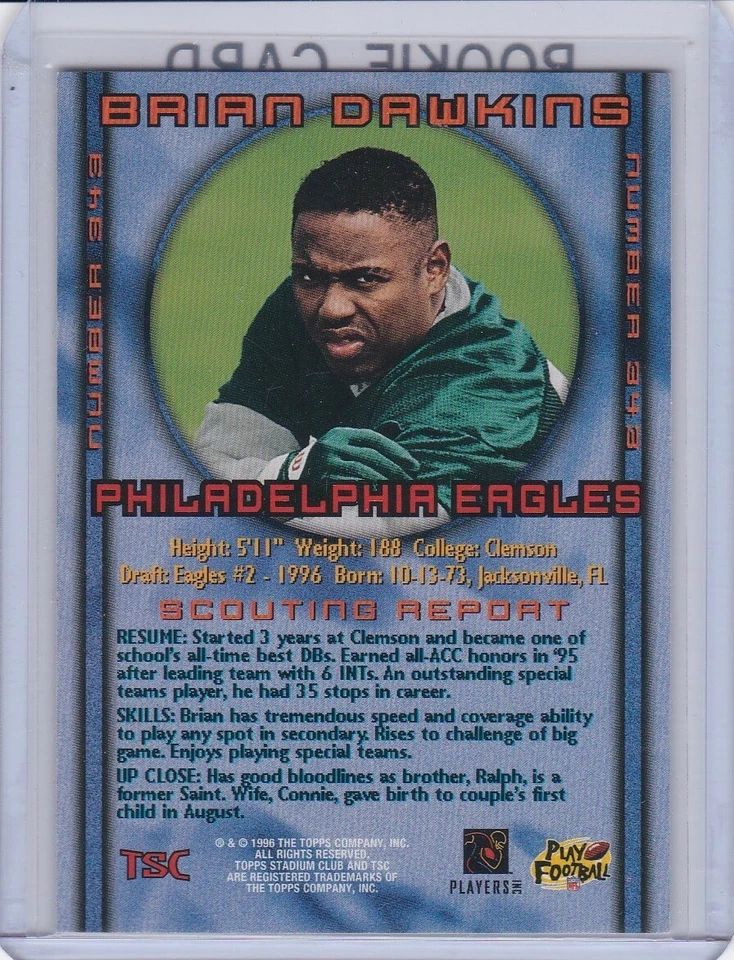 BRIAN DAWKINS ROOKIE CARD 1996 Topps Stadium Club FOOTBALL RC Eagles Broncos TSC - Image 2 of 2