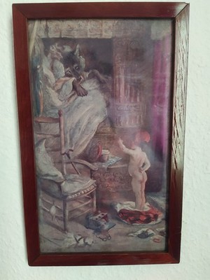 Einzigartiges seltenes Bild Rotkäpchen und Wolf Druck Rarität 29 x 18 cm sehr Al