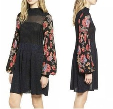 FREE PEOPLE Rose And Shine Sweater Dress Floral Balloon Sleeves Mock Neck sze XS