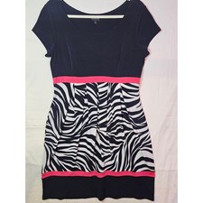Black Zebra Print Dress Pink Trim Size 14 Party Girl Retro Pleated Flaws #351