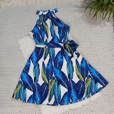 Women's Blue Green Tropical  Leaf Print Belted Halter Dress