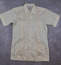 Vintage Guayabera Shirt Men Small Ivory Yuca Mexican Loop Collar Embroidered 90s
