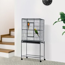 Rolling Bird Cage Detachable Stand Storage Shelf Wood Perch Food Container